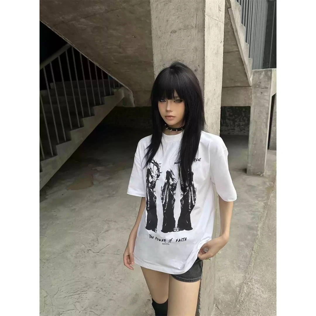 夏季新款纯棉亲肤圆领短袖t恤女美式复古街头时尚潮流穿搭上衣服