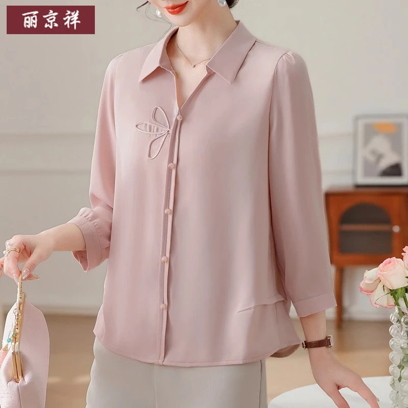 中年女装妈妈春装套装时尚衬衫宽松上衣中老年春夏国风雪纺小衫女