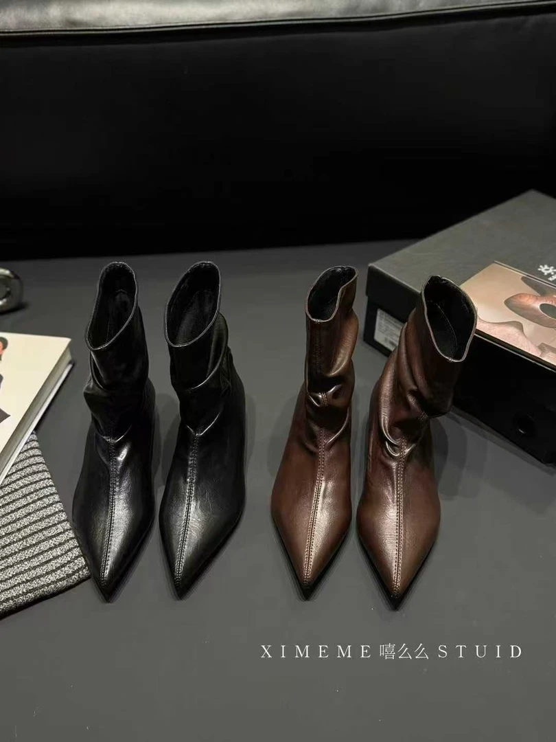 韩系裸靴，又飒又酷 堆堆短靴、混搭超美极简韩系短靴8839-1