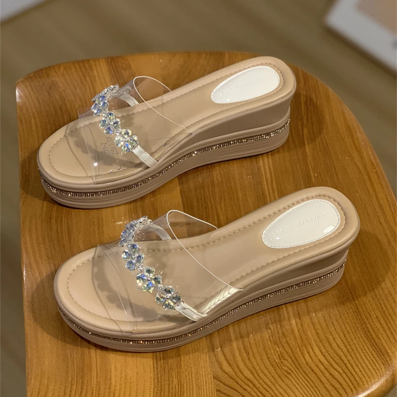 水钻透明拖鞋女外穿高跟一字拖2025夏季新款配裙子坡跟网红凉拖鞋