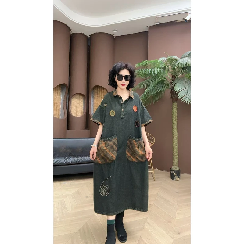 君姐服饰{099}夏季新款砂洗复古宽松衬衣领牛仔连衣裙
