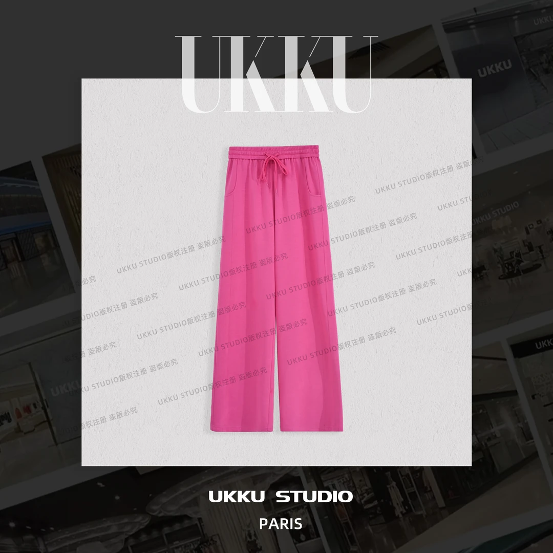 【UKKU】王 早秋新款网红气质阔腿直筒修身女神玫红色休闲裤614420