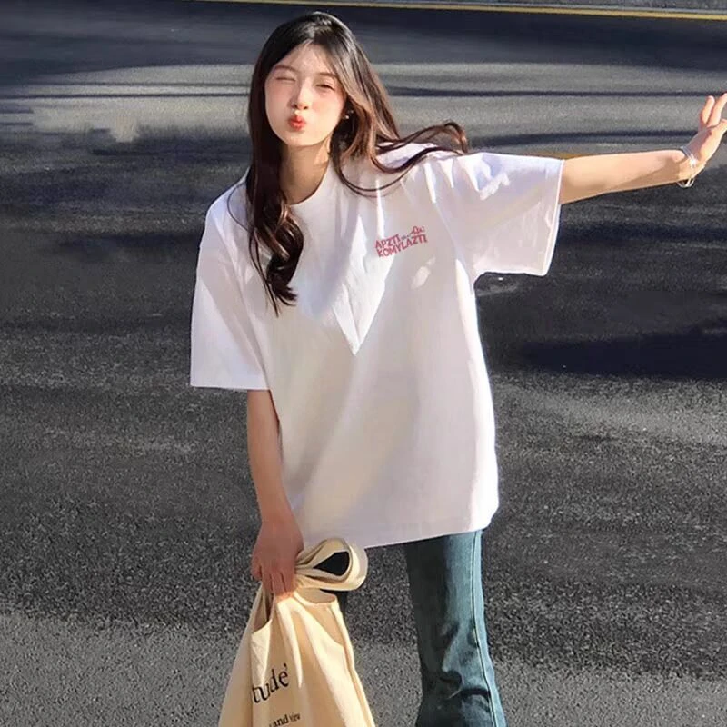 【店铺热销】chic港风复古纯棉短袖T恤女慵懒风夏季新款白色半袖情