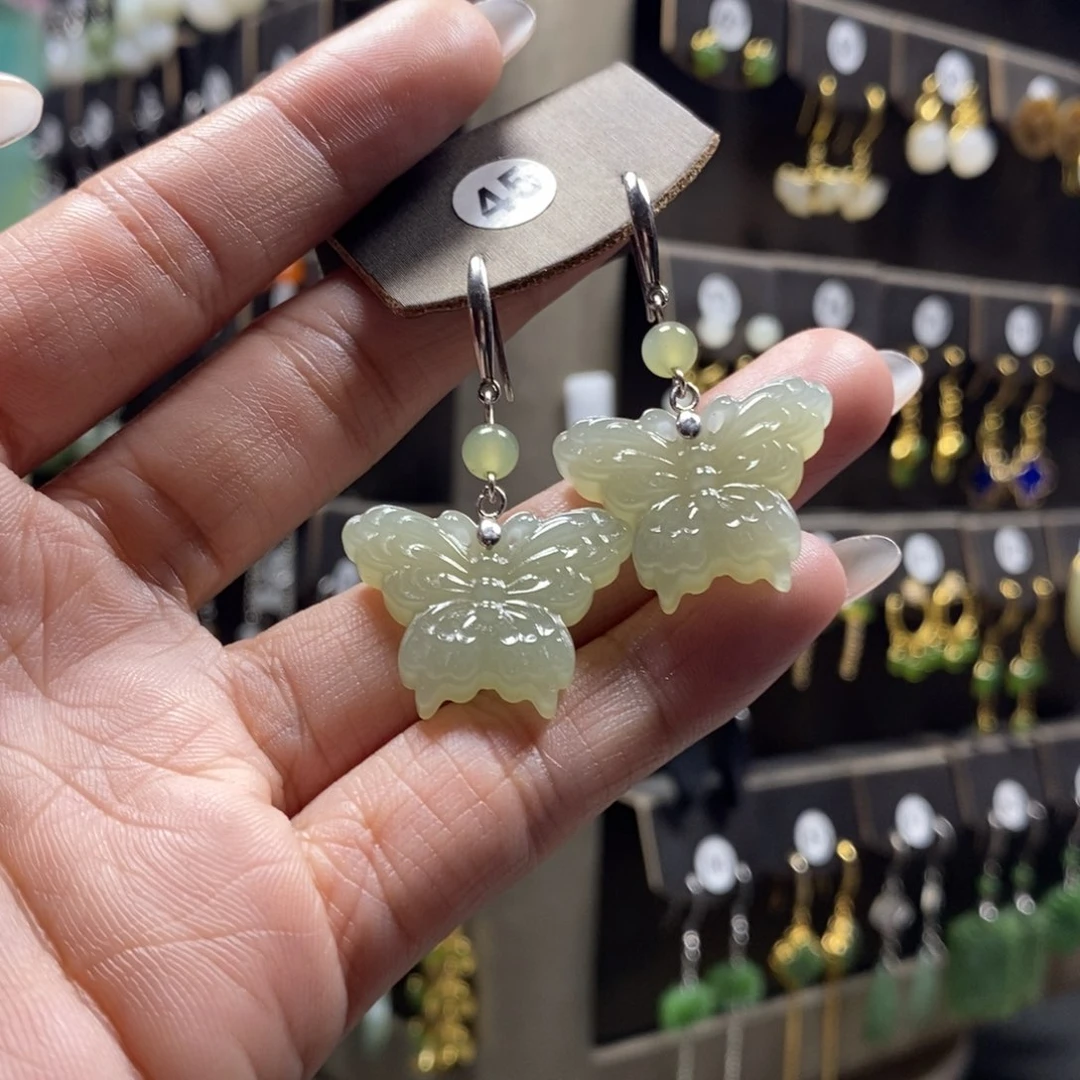 和田玉耳饰银S925镶嵌永***护