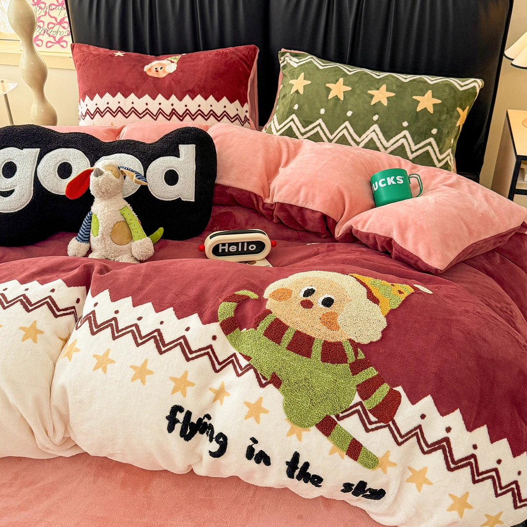 圣诞老人牛奶绒床上四件套卡通可爱毛巾绣冬季床品被套床单三件套