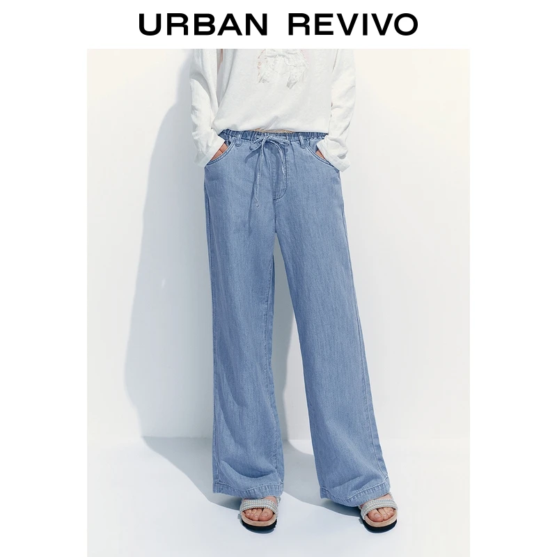 UR2026春季新款女装拼接蕾丝花边抽绳牛仔长裤UYL850166