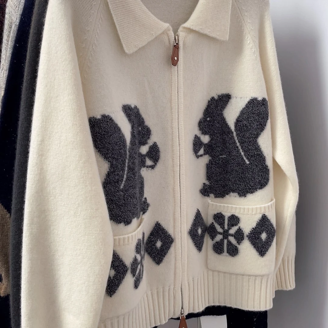 松鼠 双拉链 羊绒开衫