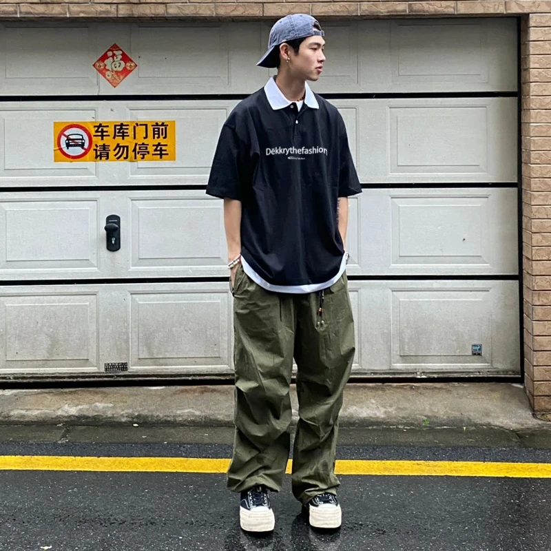 labzaa美式简约字母印花拼色翻领短袖男女夏季休闲纯棉Polo衫上衣