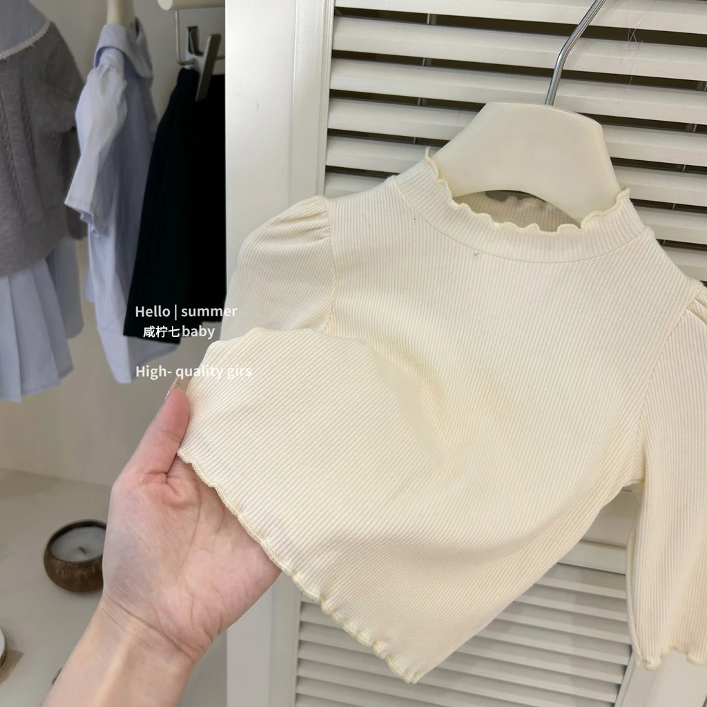 咸柠七2025春夏女童木耳边打底衫棉质洋气百搭T宝宝内搭上衣