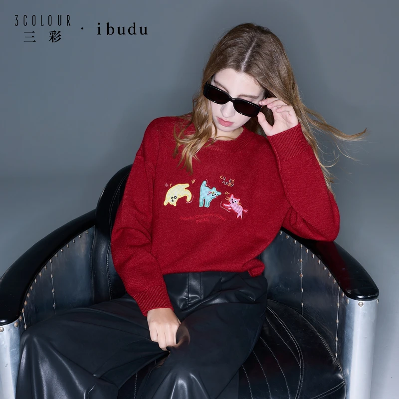 三彩ibudu2025秋季新款趣味针织衫贴布绣圆领毛衫休闲女
