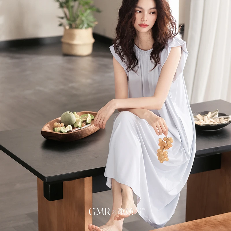 休闲甜美睡裙女莫代尔棉夏季薄款宽松舒适大码睡衣小飞袖设计显瘦