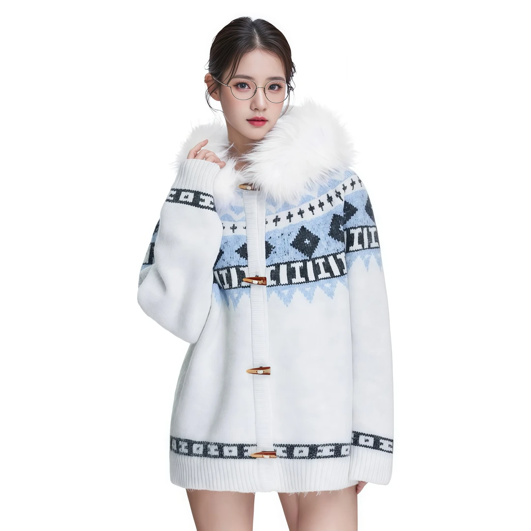 FDR WSP 秋季可拆卸毛领费尔岛毛衣外套男女情侣款撞色提花针织衫