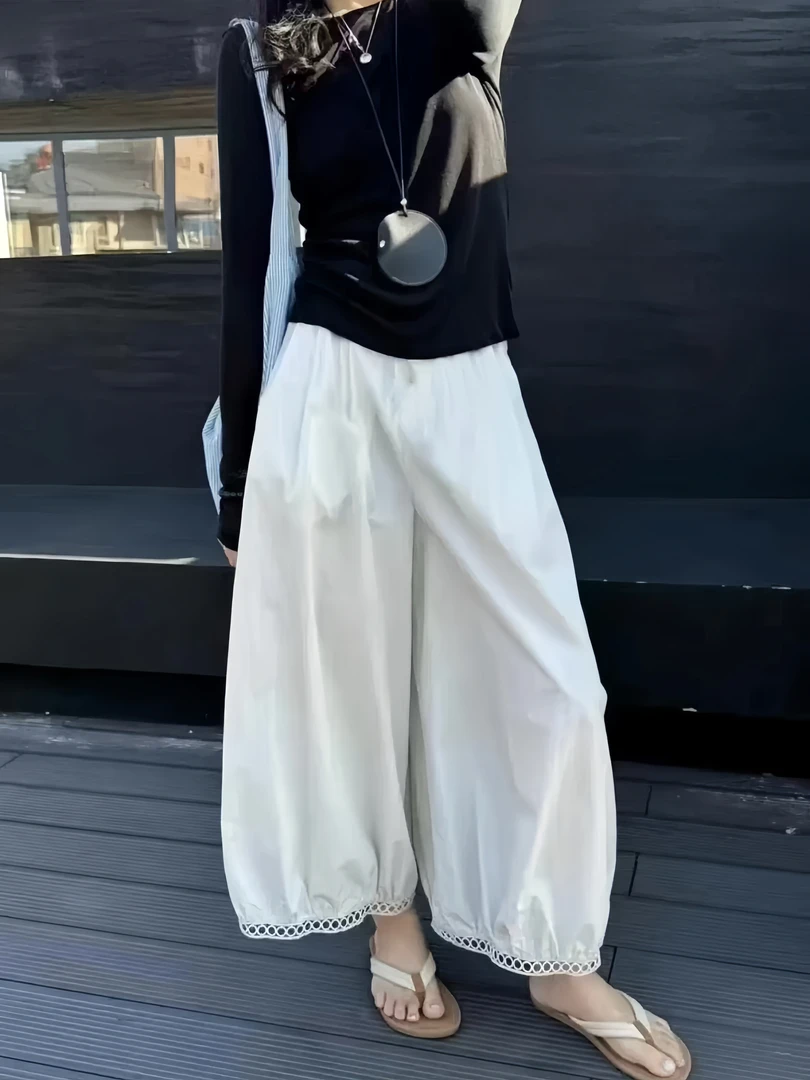 夏季薄款镂空蕾丝花边灯笼裤女九分加长显瘦法式洋气阔腿裤AM8098