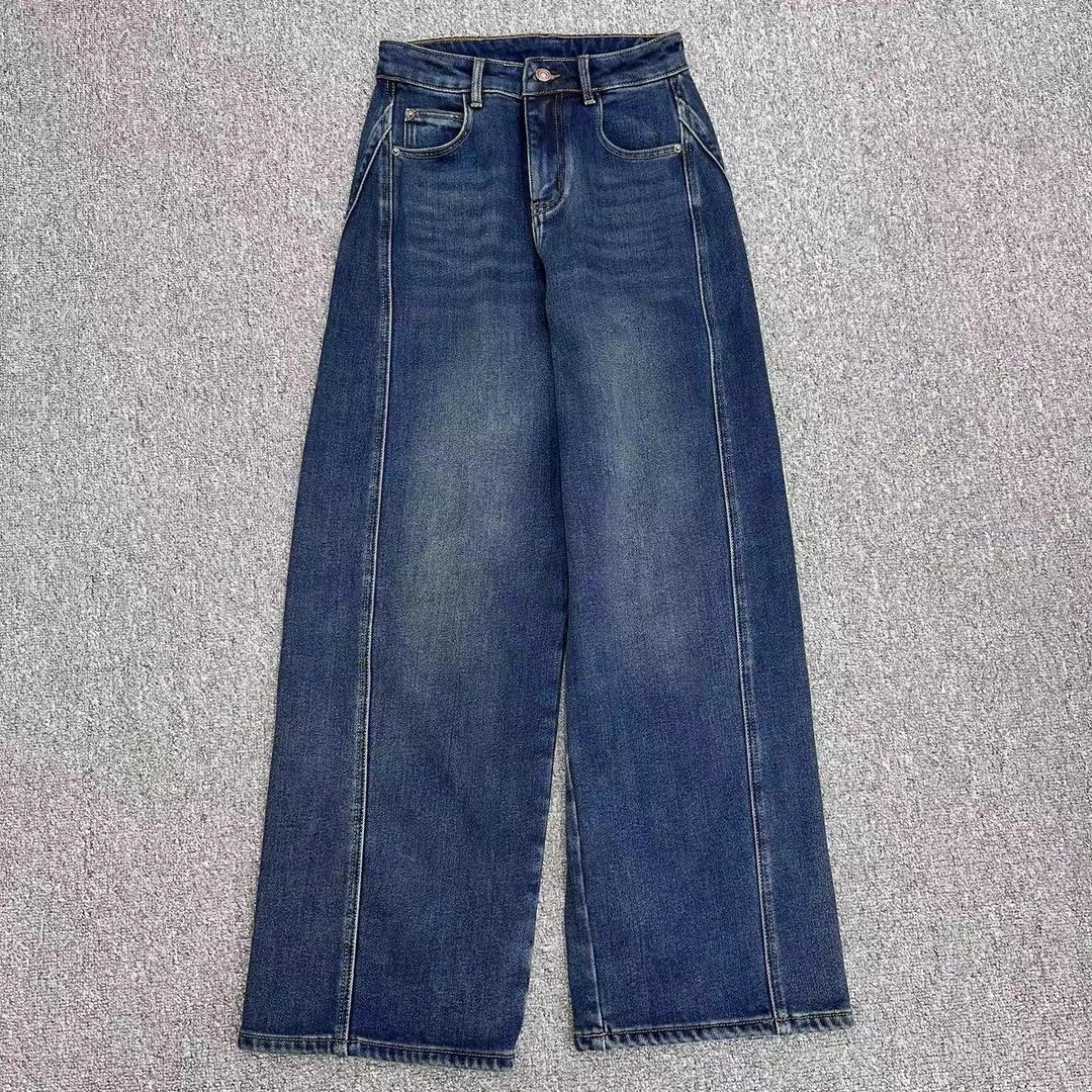 【周周家】6740濮院冬季加绒桑蚕丝牛仔裤阔腿裤女士街头风