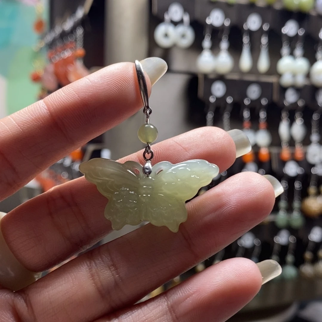 和田玉耳饰银S925镶嵌小*喜