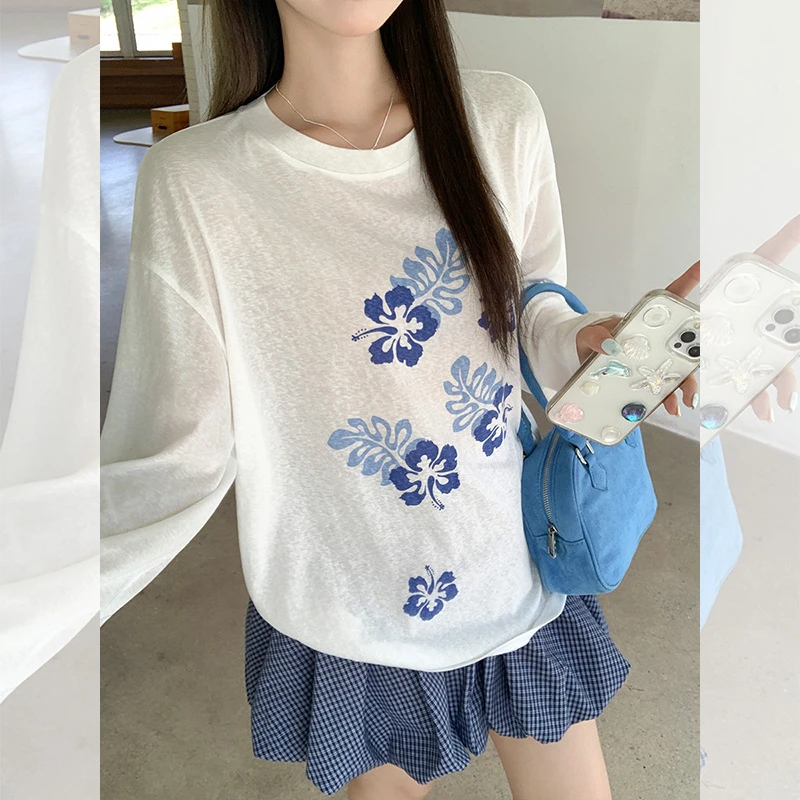 韩系甜美印花圆领长袖体恤女2025夏季新款设计感宽松显瘦绝美上衣