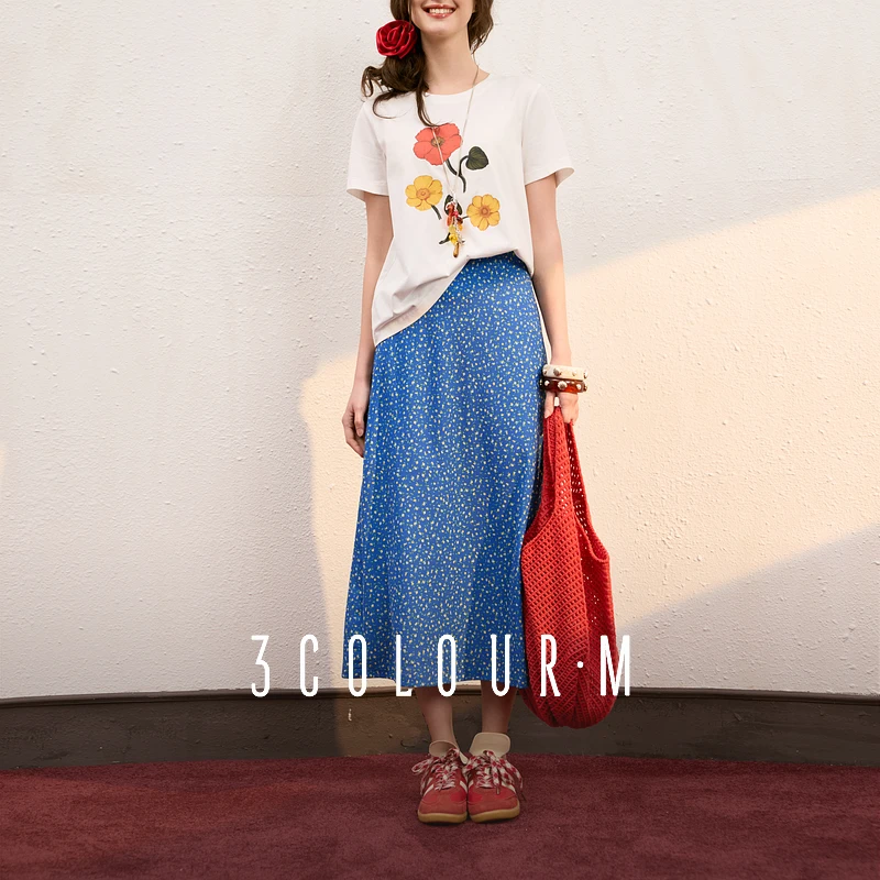 三彩2025秋季新款收腰碎花半身裙简洁修身A字裙长裙气质M0182