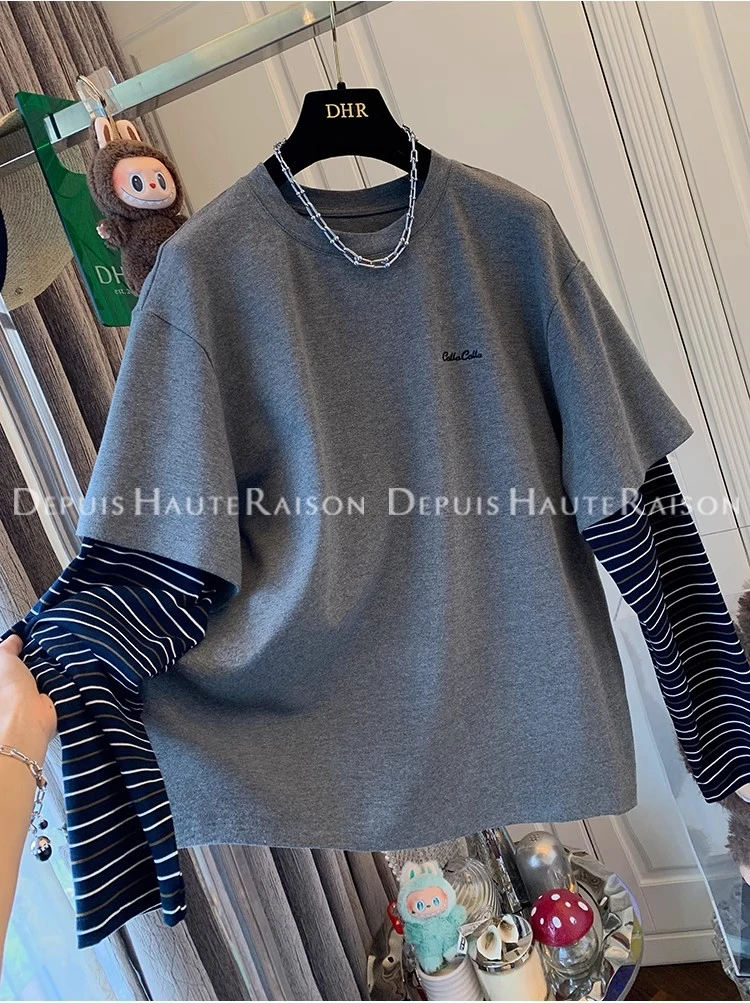 奥特莱斯～清仓捡漏美式气质宽松长袖T恤打底衫假两件上衣女秋新