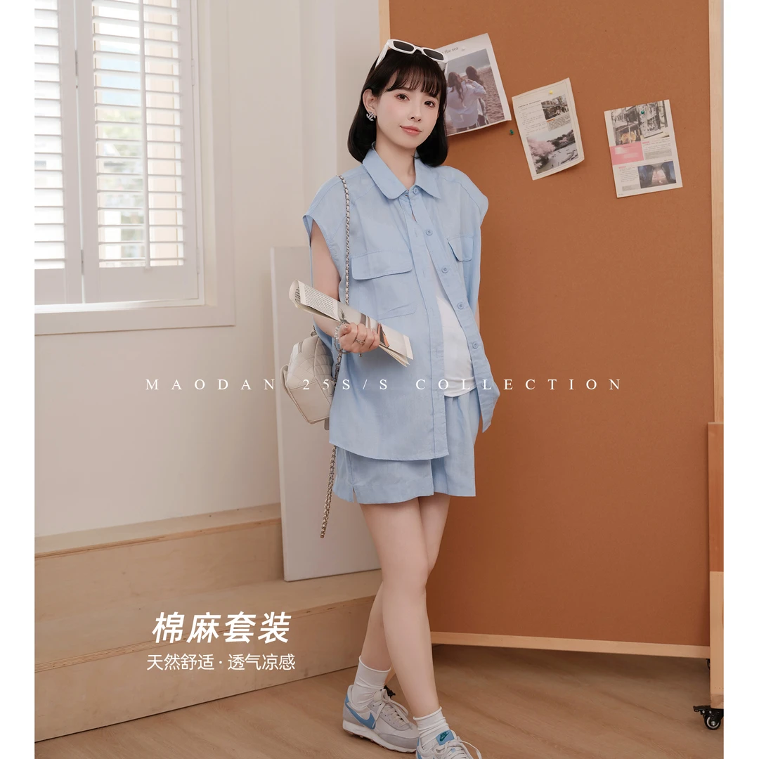 maodan/猫单【冰萃蓝调】孕妇装夏季可哺乳棉麻短袖衬衫少女学院风