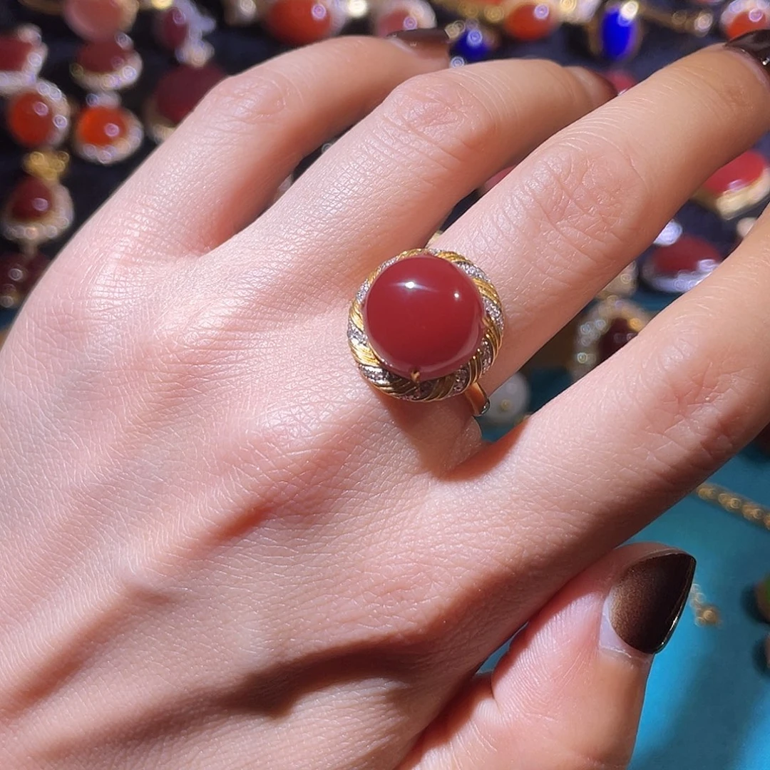 南红玛瑙18K金镶嵌戒指
