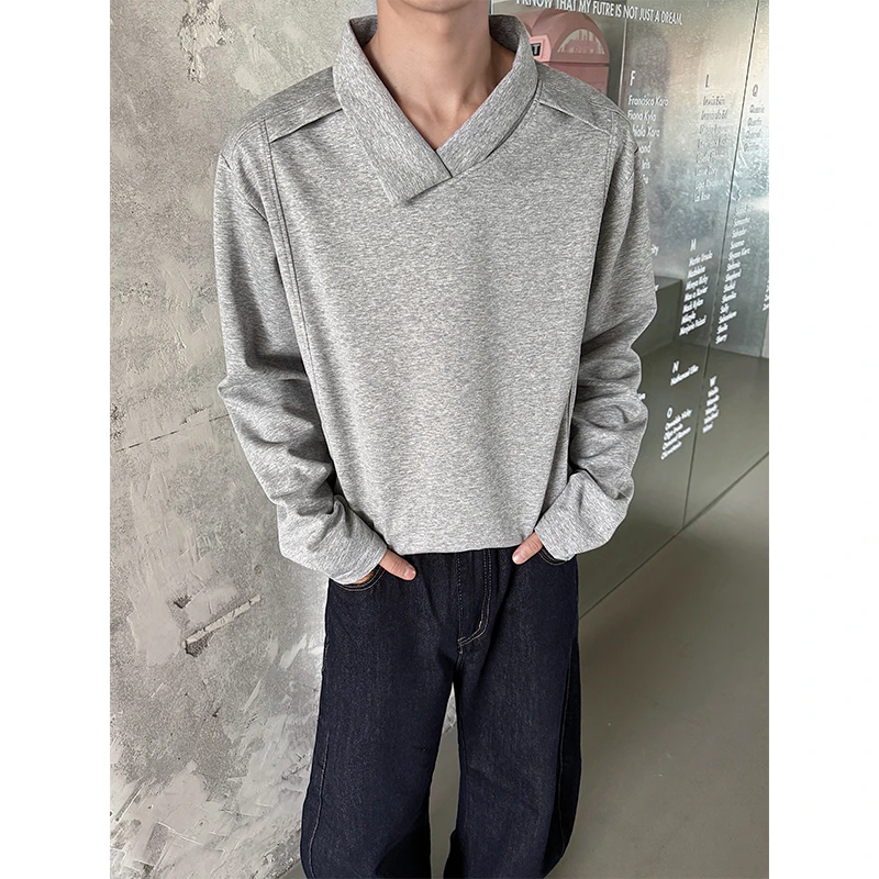 不规则POLO翻领长袖T恤男款秋季美式cleanfit复古白花灰解构卫衣