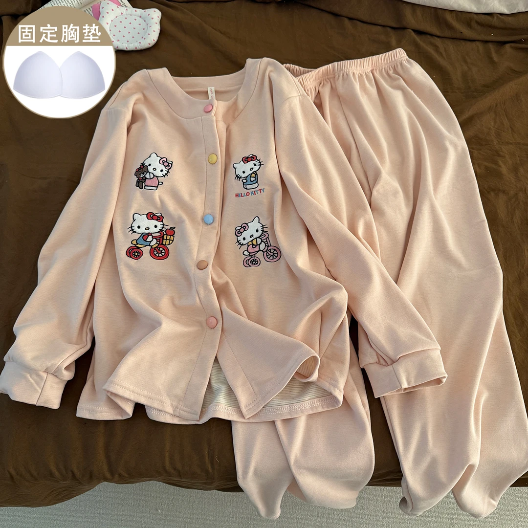 带胸垫睡衣女新款秋冬季粉色猫咪羊绒加厚保暖圆领保暖家居服套装