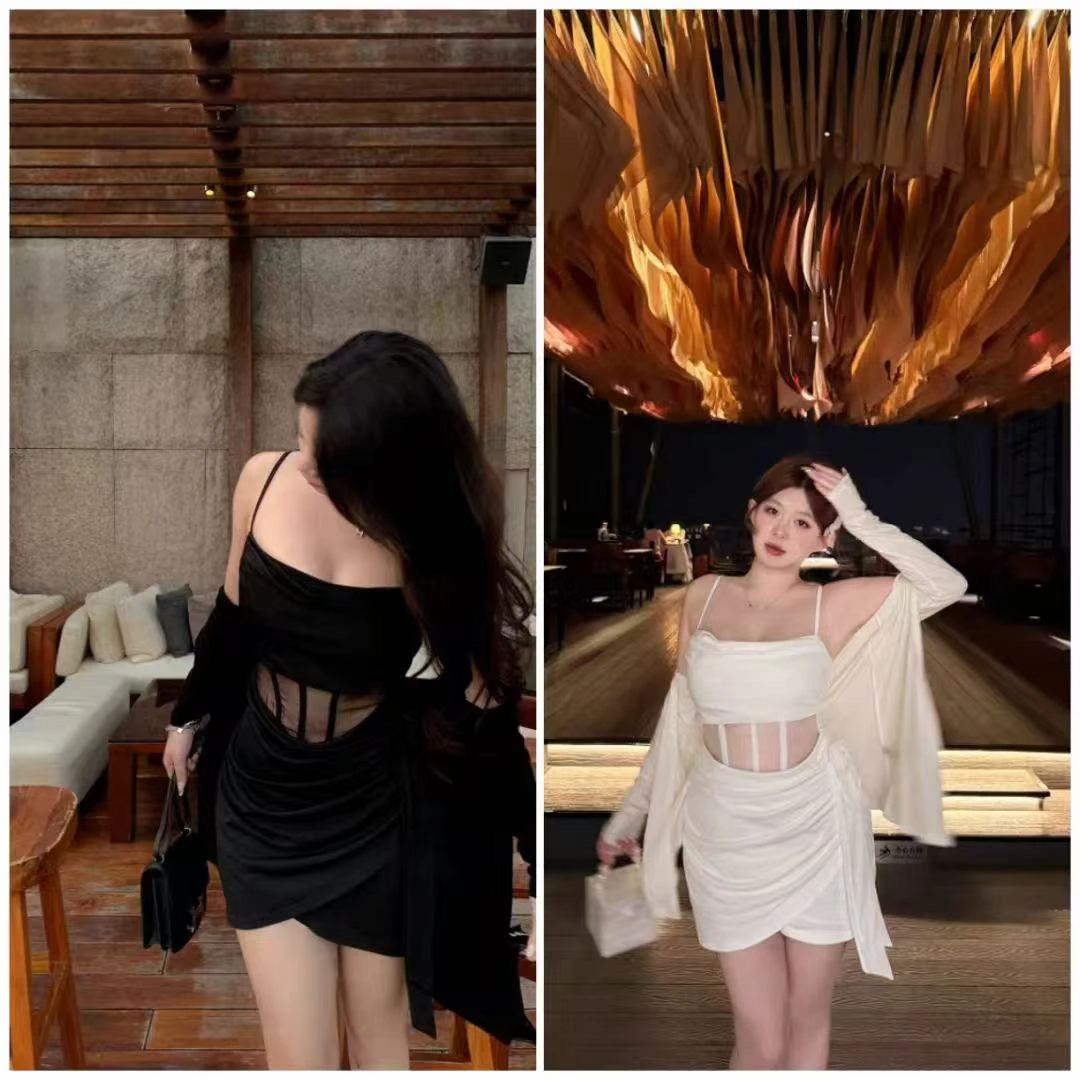 小两口品夏季性感漏肚吊带连衣裙➕防晒外披3633-3577