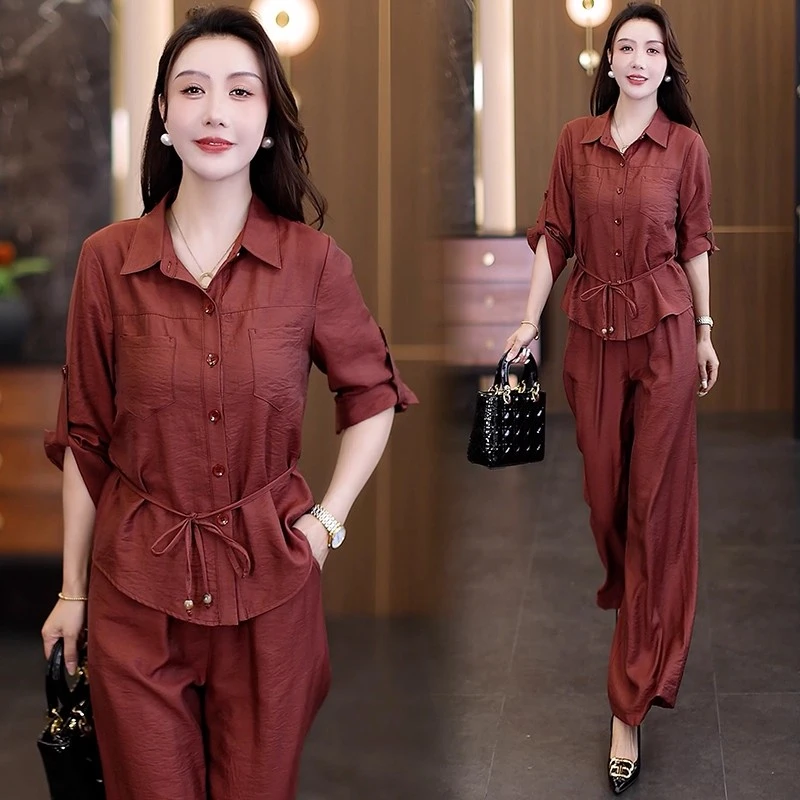 时尚套装女2025秋季新款洋气显瘦长袖衬衣阔腿裤休闲减龄两件套潮