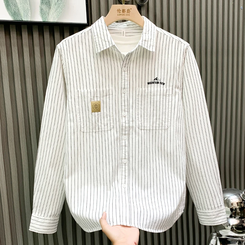 轻奢品质高端男装经典条纹衬衫纯棉长袖时尚清新文艺宽松百搭衬衣