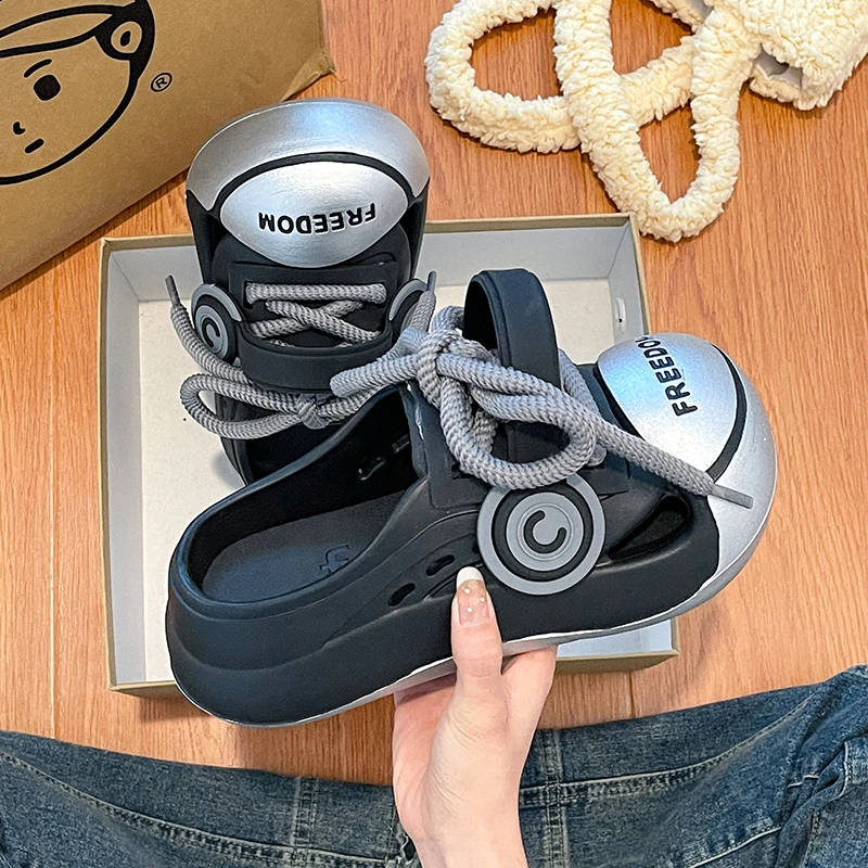 时尚小众包头凉拖鞋女外穿2025年春季新款厚底百搭绑带防滑洞洞鞋