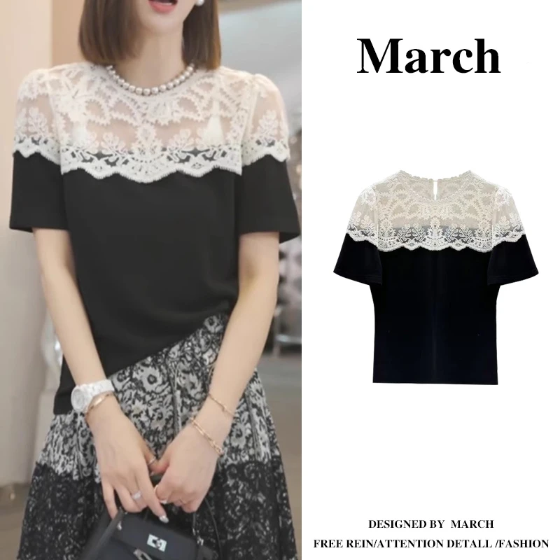 大码高级感镂空蕾丝拼接短袖t恤女胖MM夏季显瘦宽松正肩上衣11698