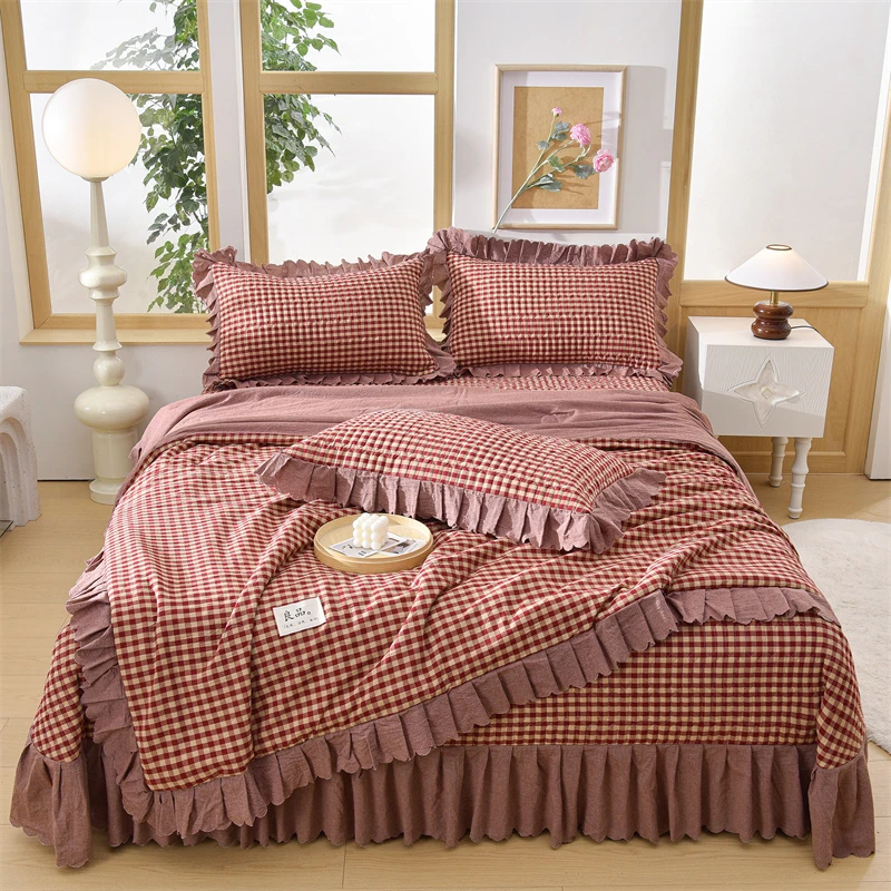 A类格子夏季水洗棉夏被四件套空调被夏凉被薄款被子可机洗床盖款4