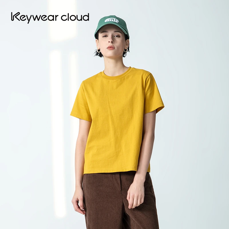 Keywearcloud奇威秋季纯棉随性万针刺绣背标显白圆领短袖T恤