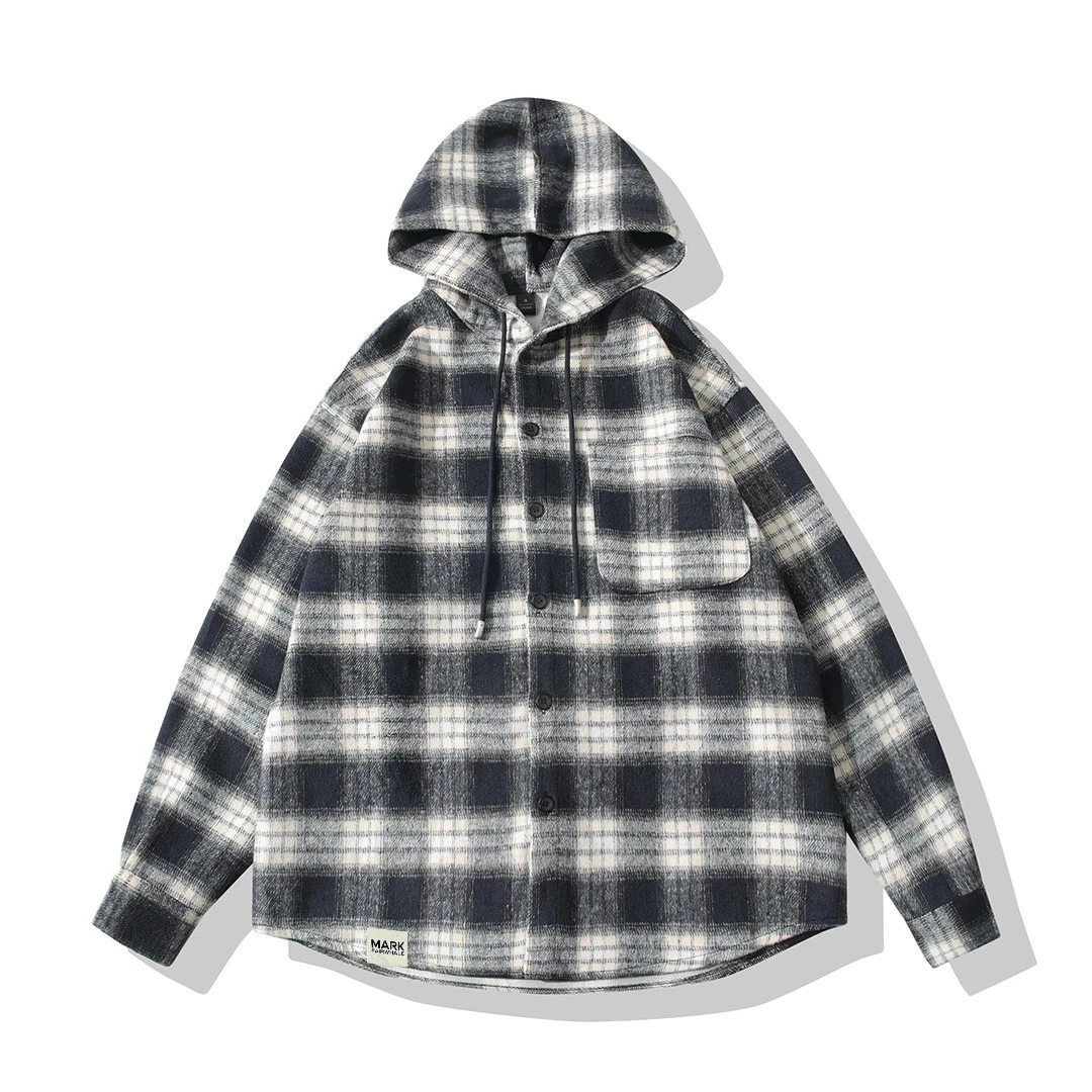 马克华菲冬季2025新款港味格子连帽衬衫外套男女同款慵懒风上衣