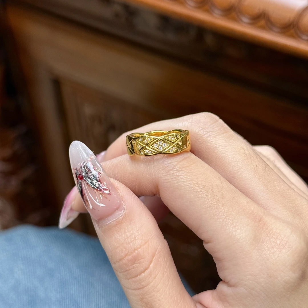 Y【小香菱格纹点钻戒指】（亮面）5D硬金足金999（点钻附加238）