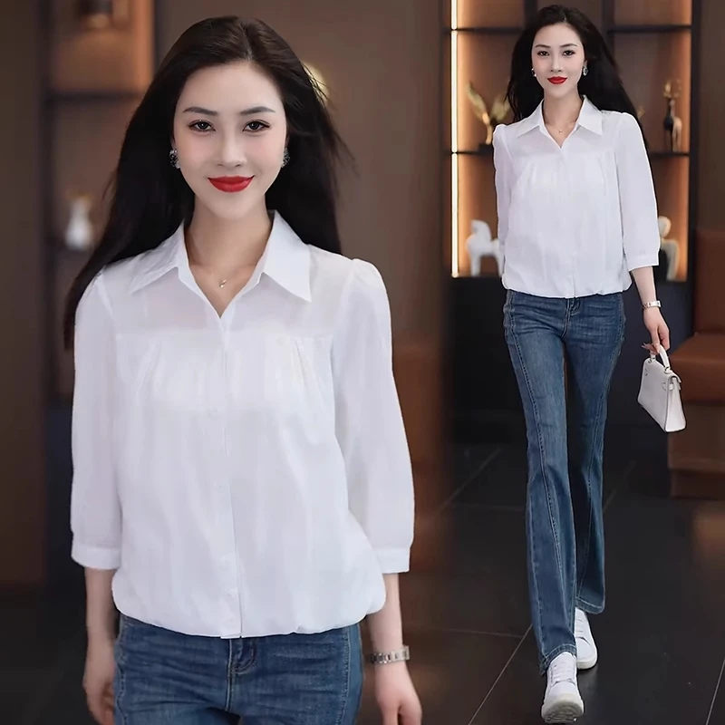 小个子衬衫女2025夏季新款雪纺衫减龄上衣休闲洋气小衫遮肚子衬衣