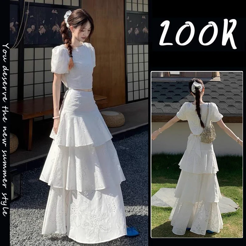 韩系穿搭套装女白色绑带露背上衣女夏季时尚百搭蛋糕半身长裙