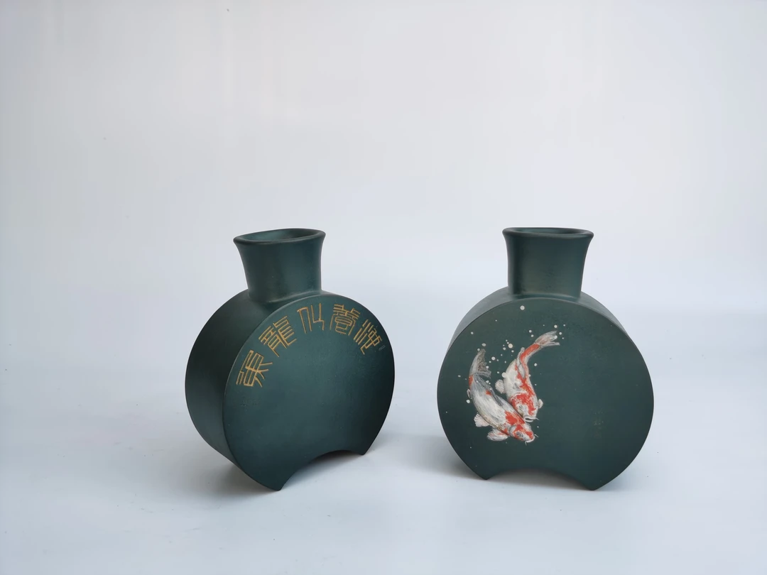 邀月赏瓶，（一对）：王爱国全手工制作，小楼泥绘。
