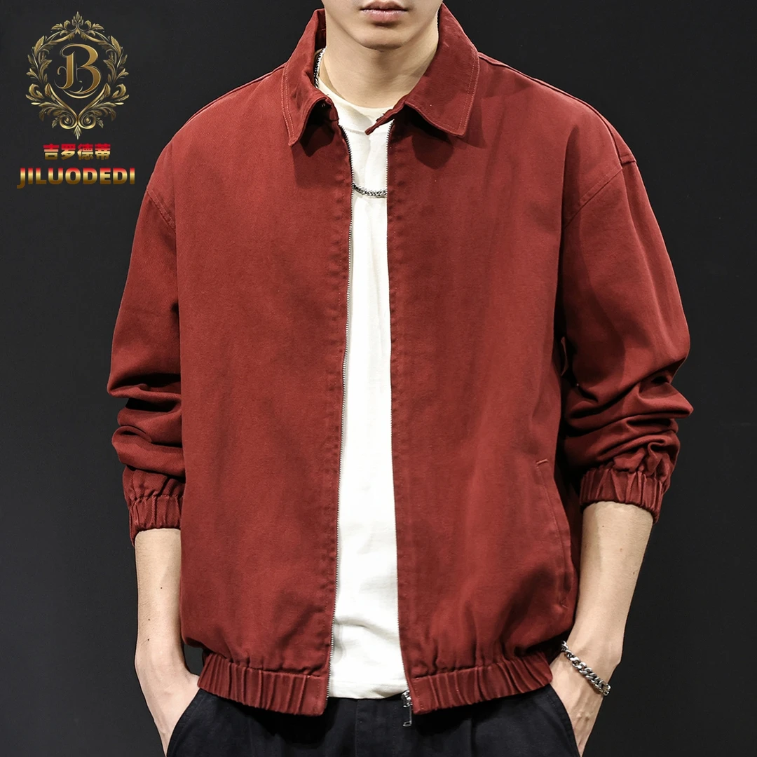 吉罗德蒂常规款纯色红色翻领男士休闲夹克潮流韩版外套工装男装