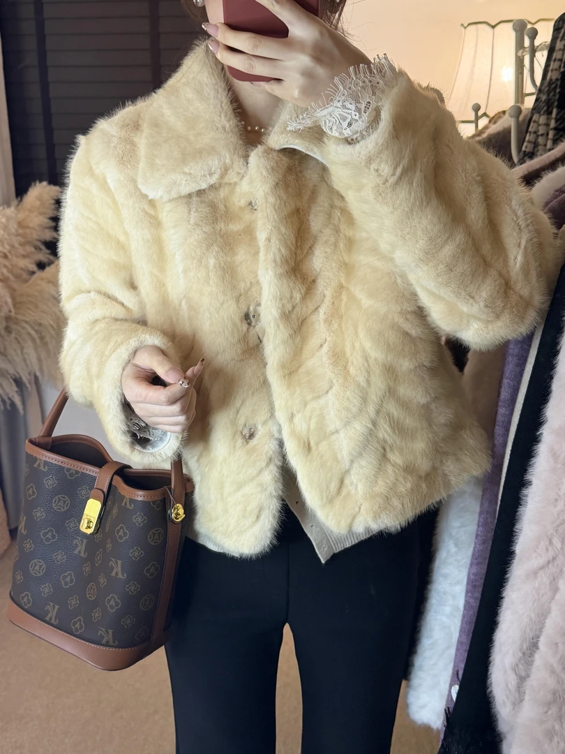 2025冬季新款韩系高级感仿金叶貂环保皮草外套女皮毛一体保暖上衣