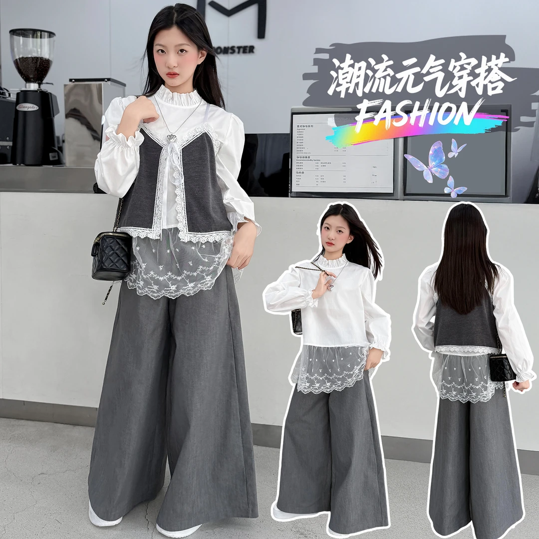 女童套装2025新款韩系春秋大童洋气甜美马甲蕾丝衬衫西装裤三件套