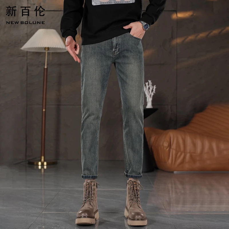 新百伦秋冬男士百搭牛仔裤2025新款水泥灰修身直筒男款长裤子潮流