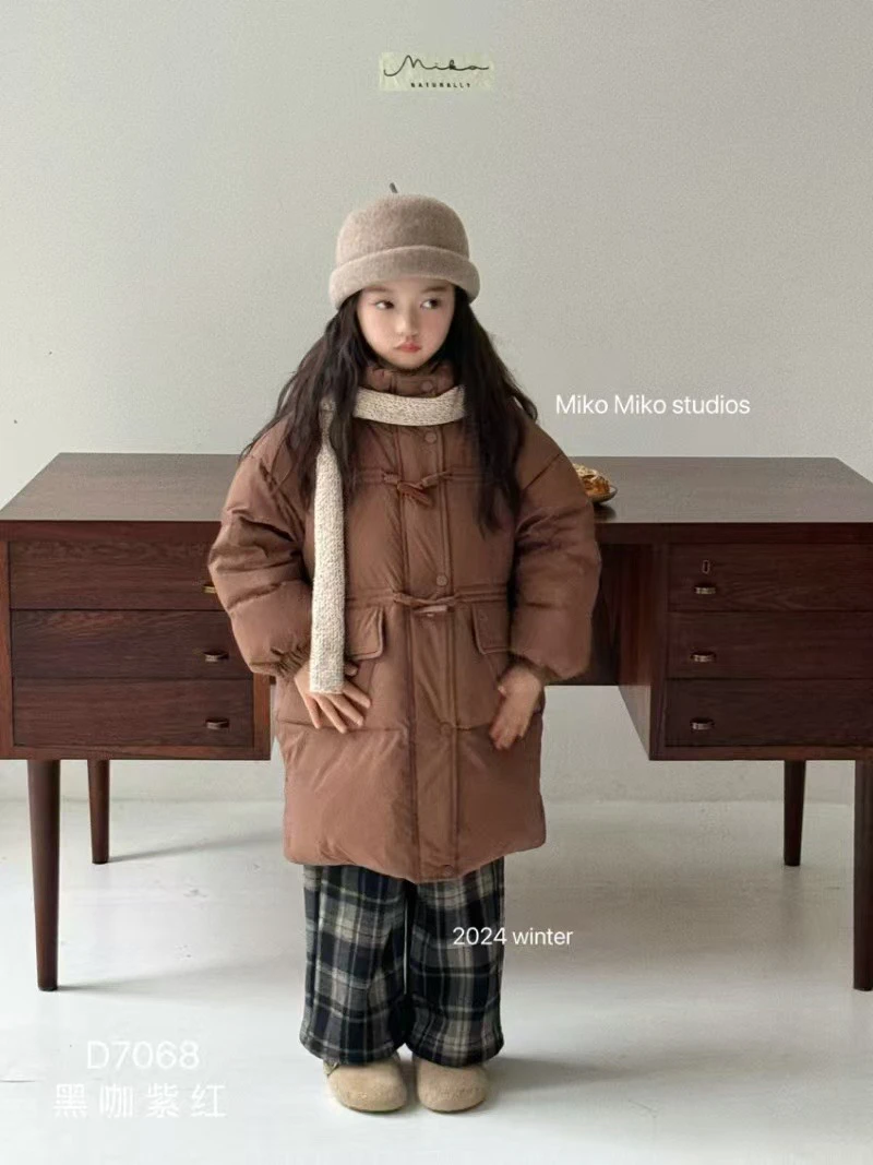 中长款休闲女纯色羽绒服秋冬时尚翻领童装紫红冬款百搭连帽