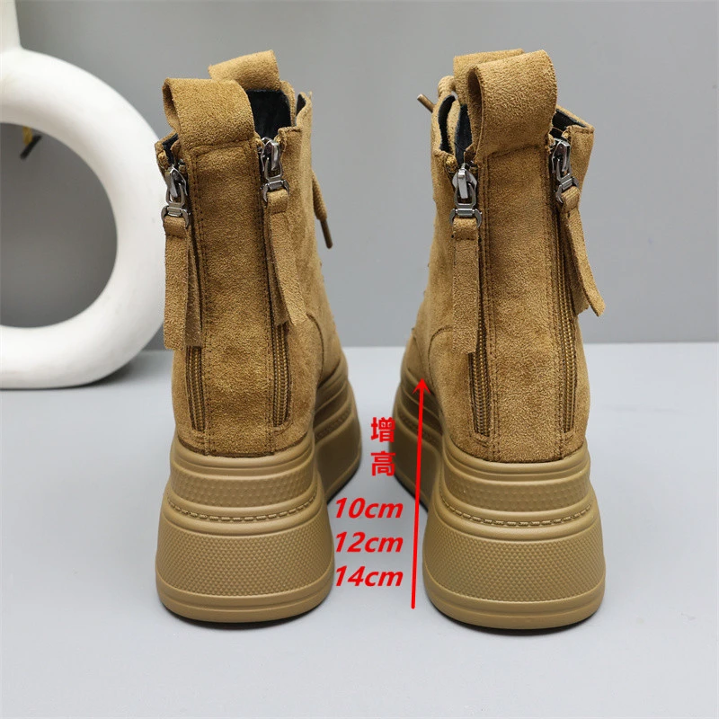 厚底马丁靴女内增高14cm双拉链英伦风短靴小个子12cm加绒加厚棉鞋