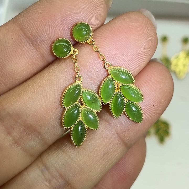 和田玉（碧玉）银S925镶嵌耳饰颜色多样性发货