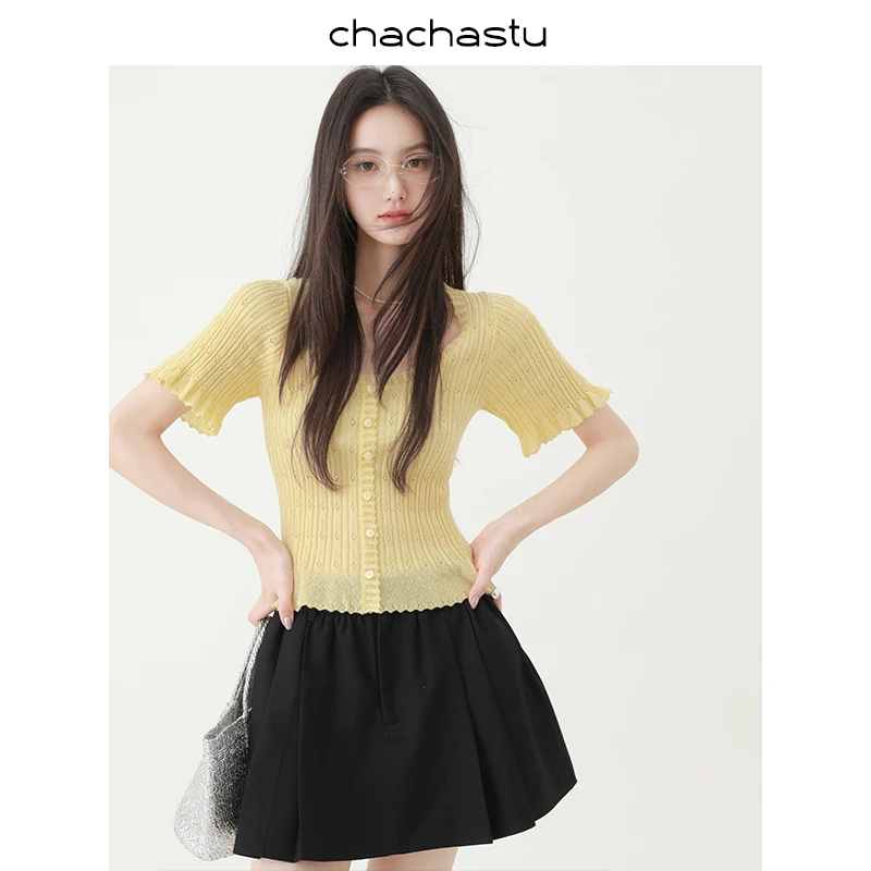 CHACHASTU【出游】重磅织机 法式钩花气质大U领针织衫522