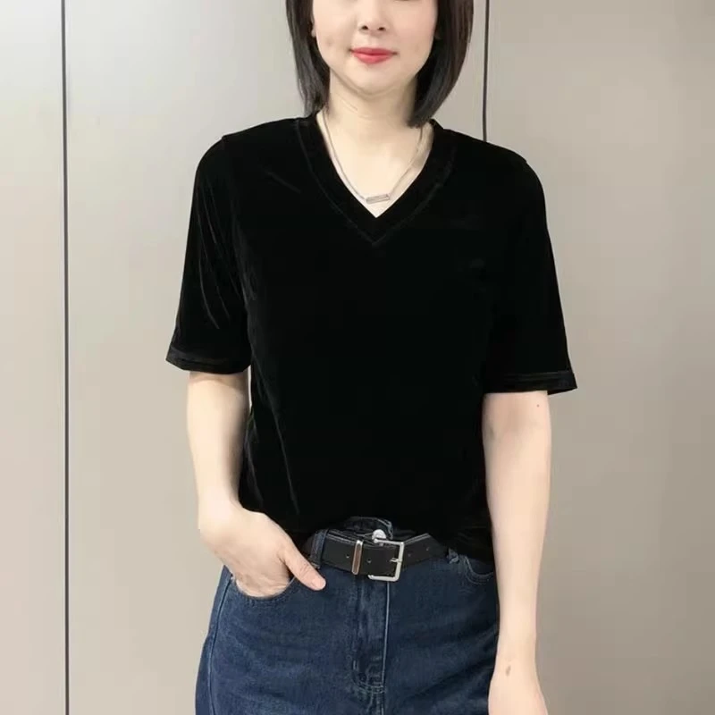丝绒中袖T恤衫女2025秋季新款韩版时尚纯色V领气质百搭打底衫上衣