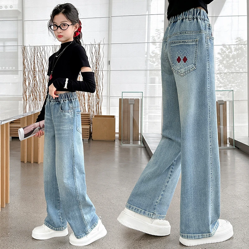 女大童牛仔裤秋装童装儿童浅色高腰直筒裤秋冬季小女孩加绒裤子潮