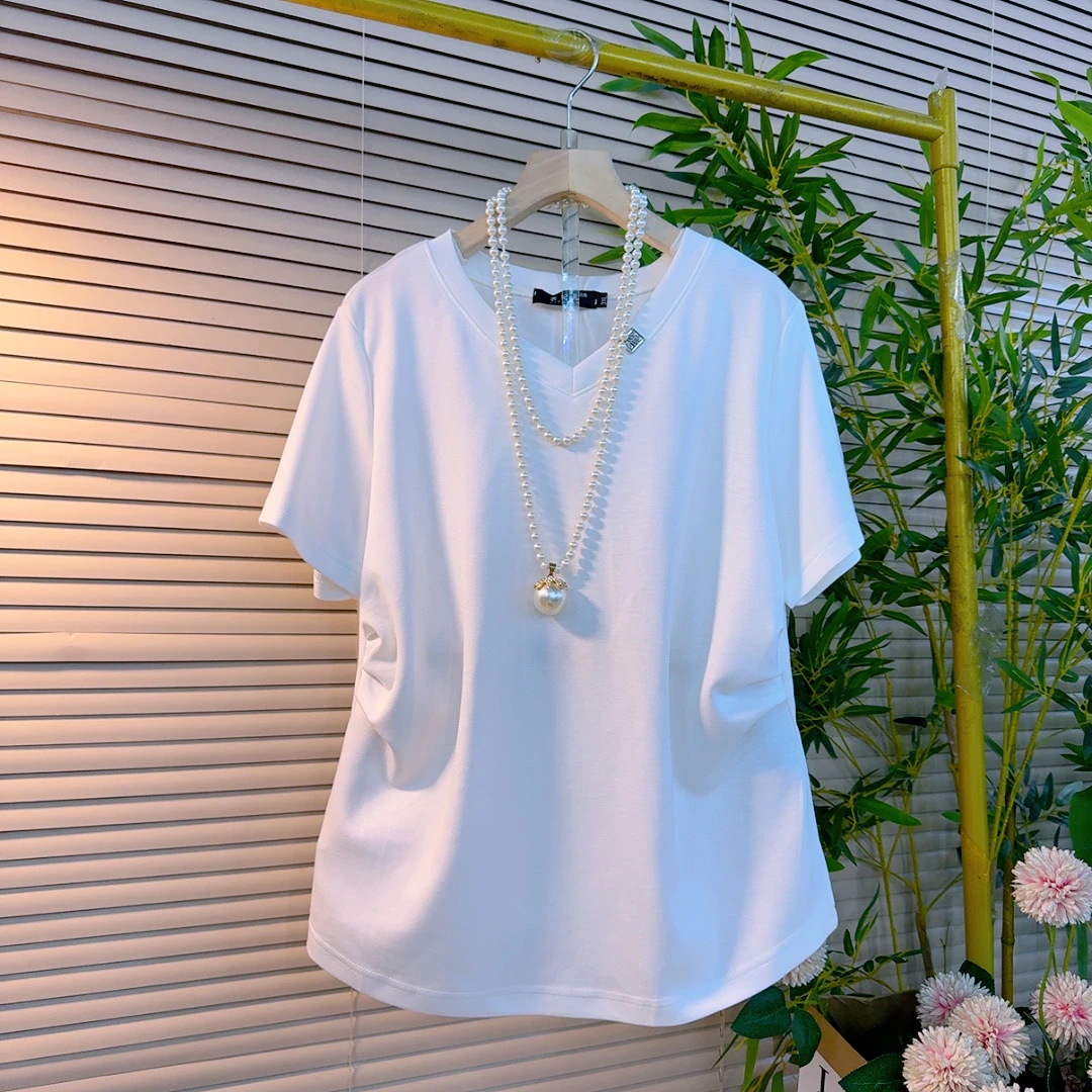 9962胖mm欧货时尚纯色洋气V领掐褶显瘦小众设计感减龄气质短袖衫