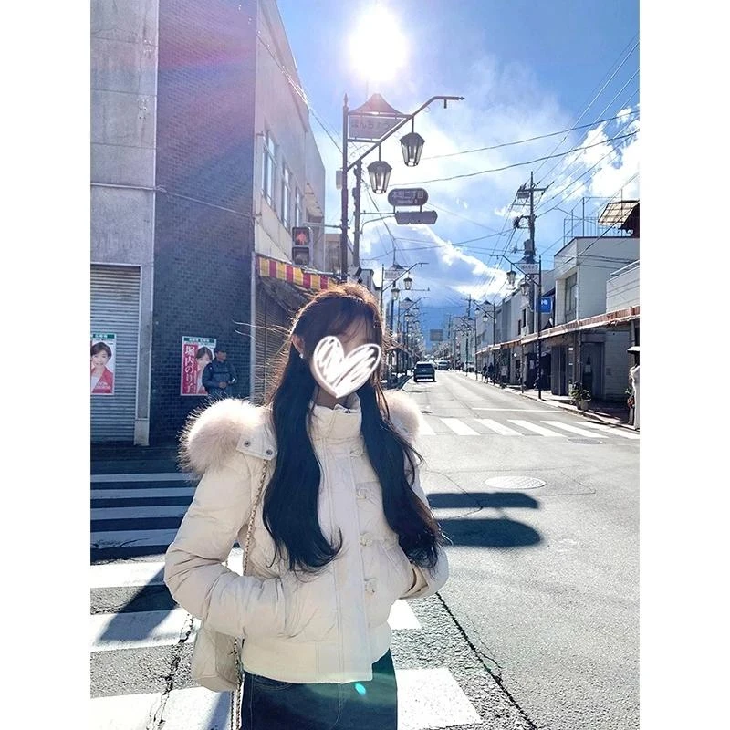 甜美大毛领连帽加厚棉服外套女冬季2024年新款毛绒保暖棉衣棉袄